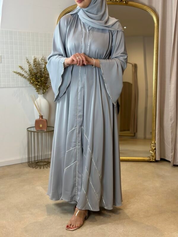 Luxus Krepp-Internet-Abaya in Grau mit Glitzerakzenten