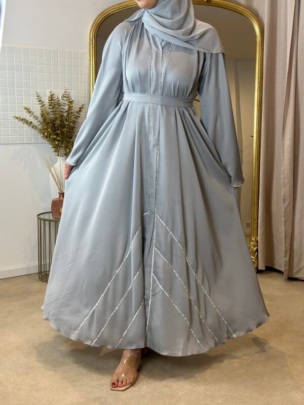 Luxus Krepp-Internet-Abaya in Grau mit Glitzerakzenten