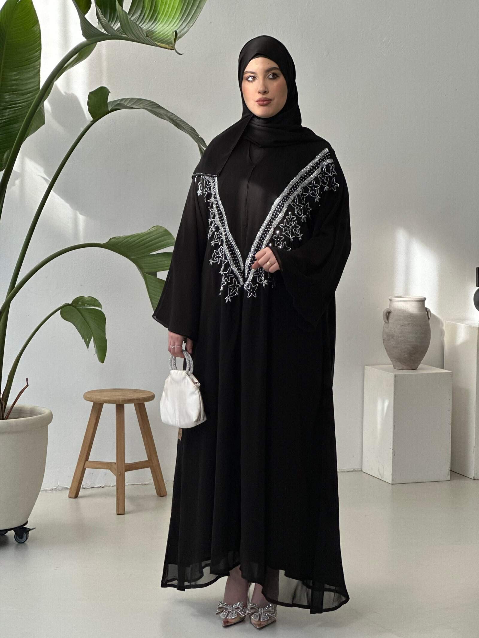Abaya Farasha In Chiffon Di Rete Nero, Maxi Lunghezza, Girocollo V, Maniche Lunghe