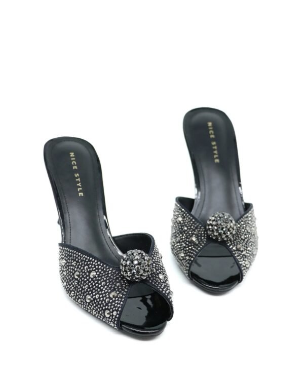 Luxury open _Toe Heeled Mules with Rhinestone Accents Black