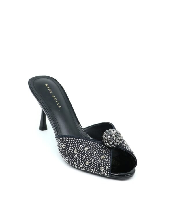 Luxury open _Toe Heeled Mules with Rhinestone Accents Black