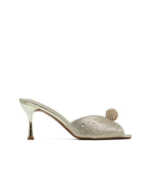 Luxury open _Toe Heeled Mules with Rhinestone Accents Gold