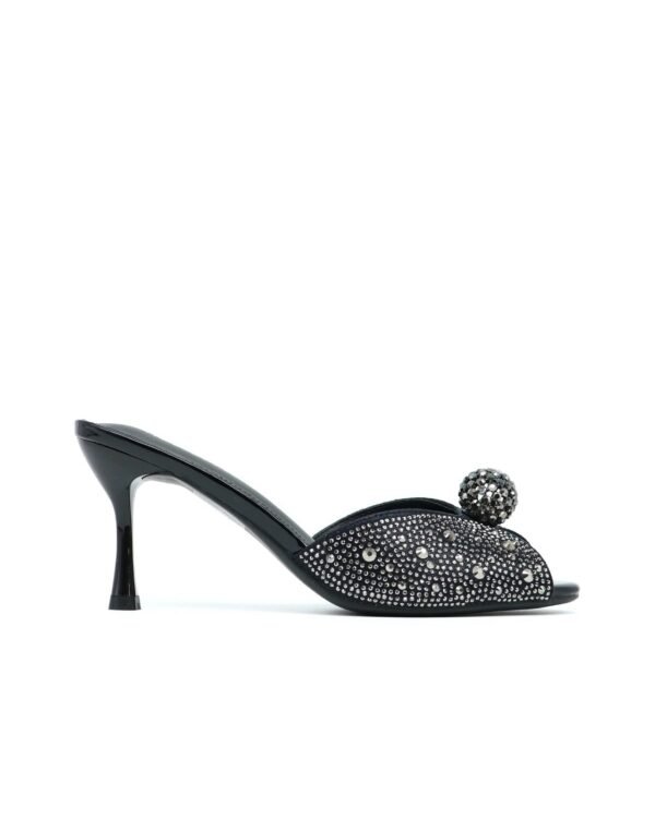 Luxury open _Toe Heeled Mules with Rhinestone Accents Black